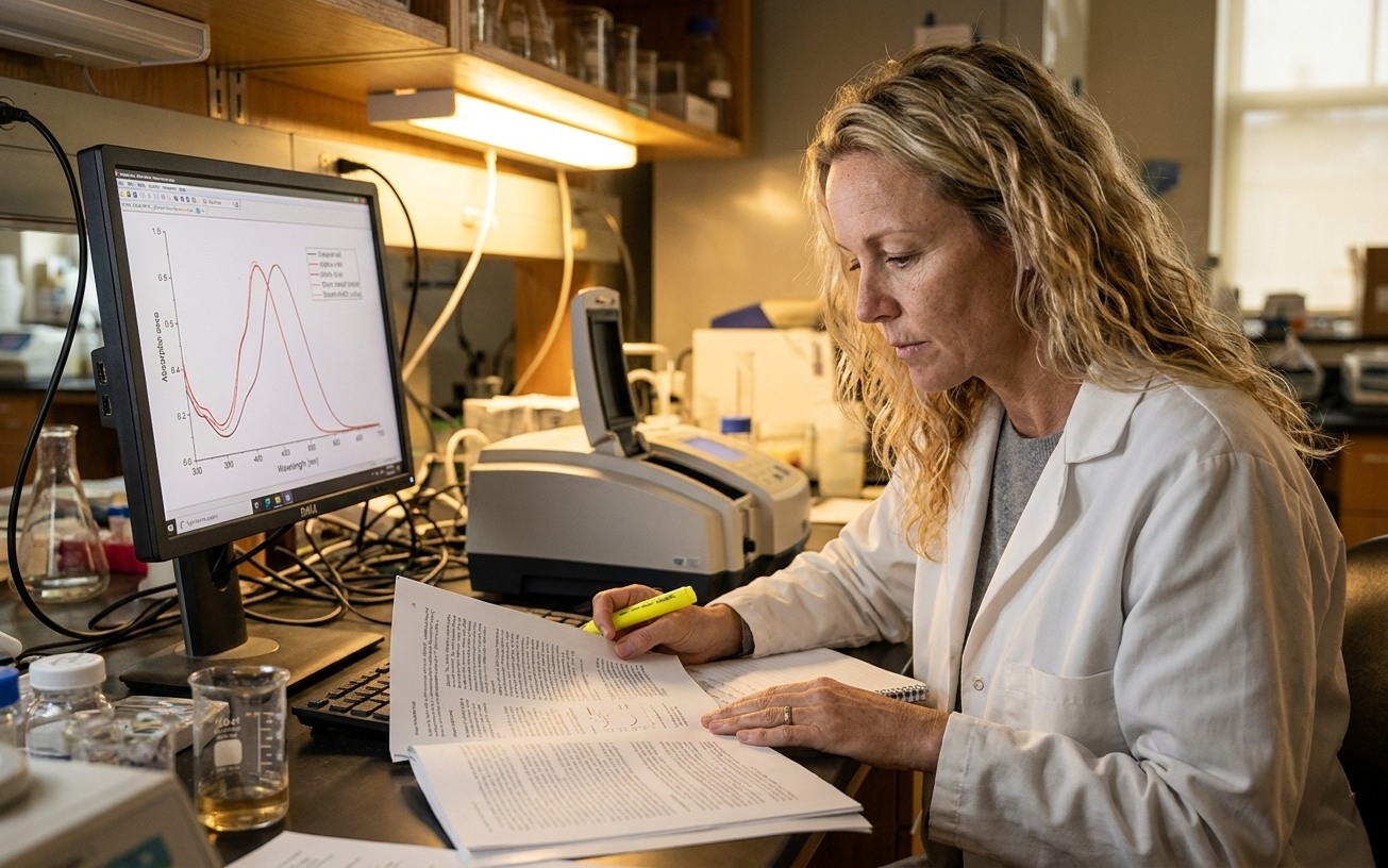 Dr. Vandermeer reviewing free-radical spectroscopy data in her lab