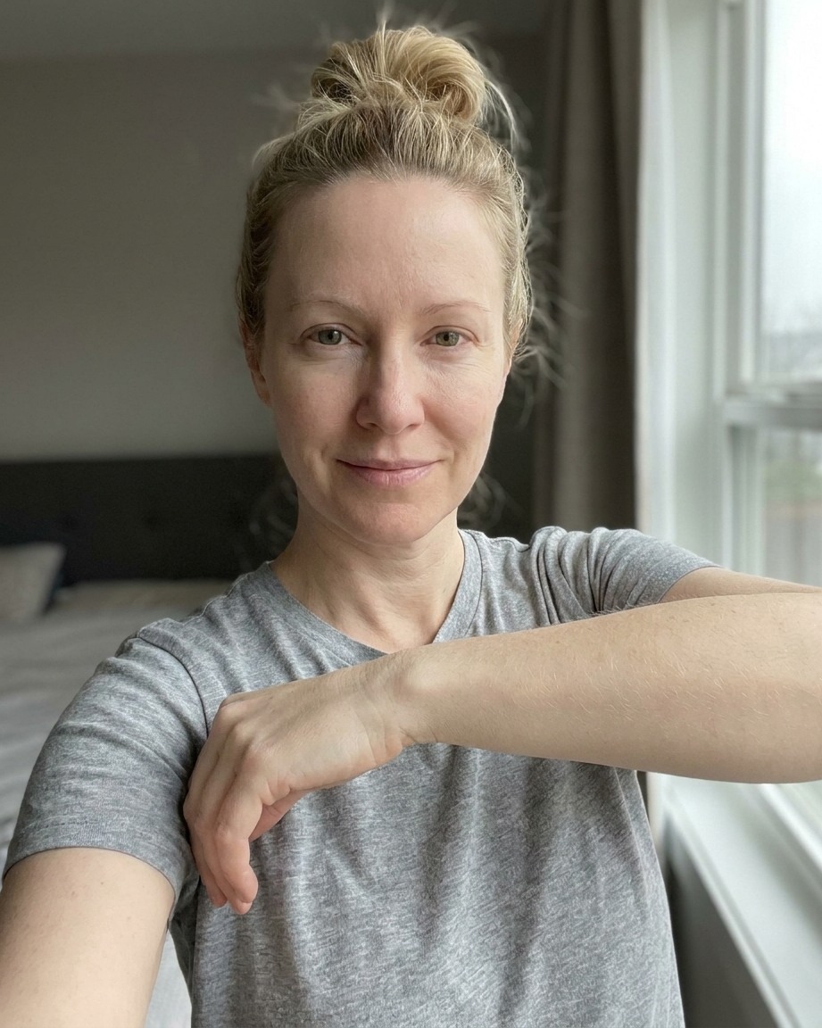 Maria at Week 1 &mdash; sallow, pale, untanned starting point